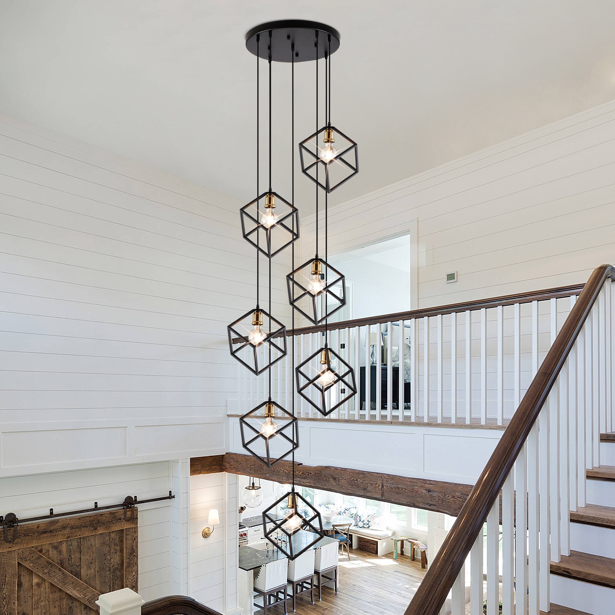 7 Light Cluster Geometric Staircase Pendant Adjustable Height Stairway Chandelier Black