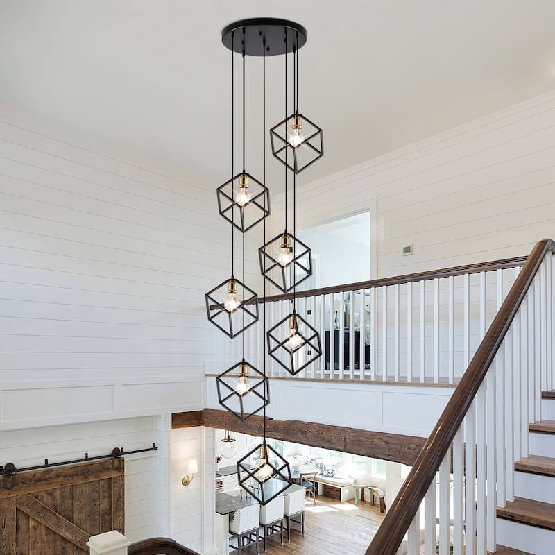 7 - Light Cluster Geometric Staircase Pendant, Adjustable Height Stairway Chandelier - Black