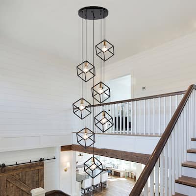 7 - Light Cluster Geometric Staircase Pendant, Adjustable Height Stairway Chandelier
