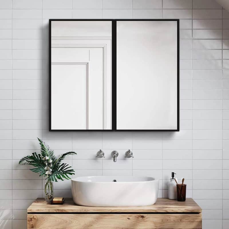 30 in. W x 26 in. H Black Framed Wall Mounted or Recessed Bathroom Medicine Cabinet with Mirror - 30" x 26"