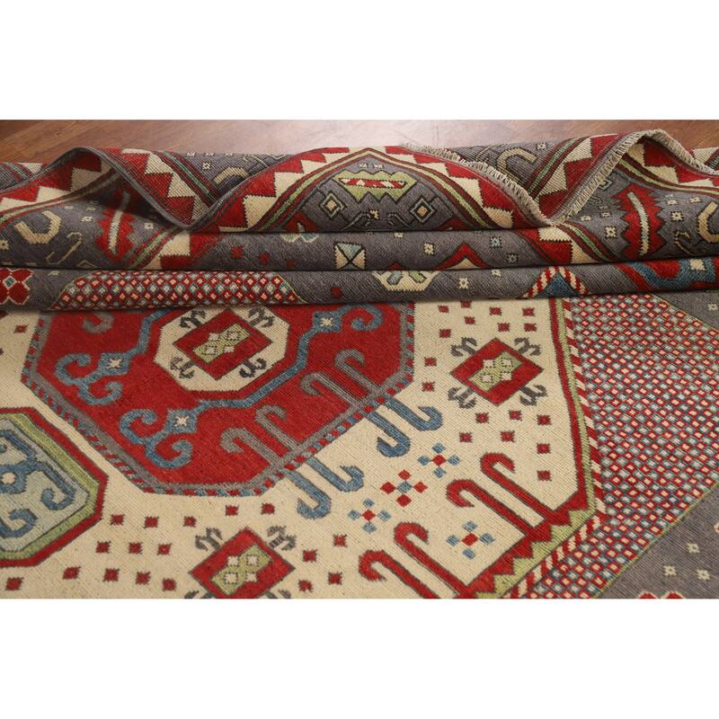 Hand Knotted Oriental 100% Wool Carpet Traditional Geometric Greys & Charcoal Kazak Area Rug - 10' 4'' X 8' 2''