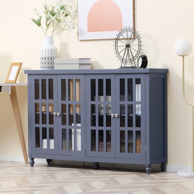 Buffet Cabinet with 4 Tempered Glass Doors,Stripe Pattern and Adjustable Storage Shelf