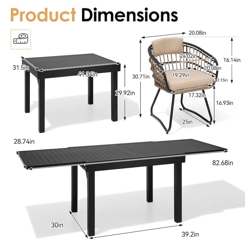 5/7/11PC Outdoor Patio Extendable Table Dining Sets with Rattan Chairs