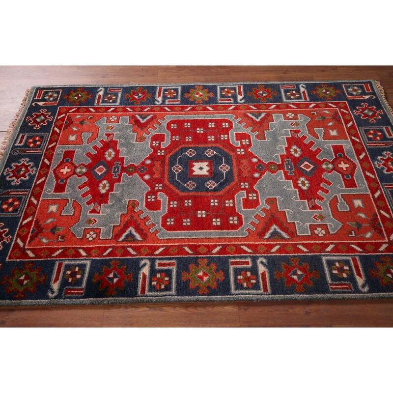 Geometric Kazak Indian Area Rug Handmade Wool Carpet - 4'0"x 5'11"