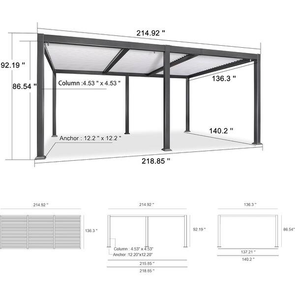 dimension image slide 10 of 36, PURPLE LEAF Outdoor Louvered Pergola with Adjustable Metal Roof for Patio Pergola