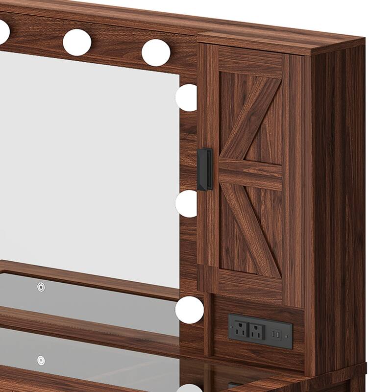 Moasis Farmhouse Makeup Vanity Desk Set with Mirror and Lights, Charging Station and Storage Stool