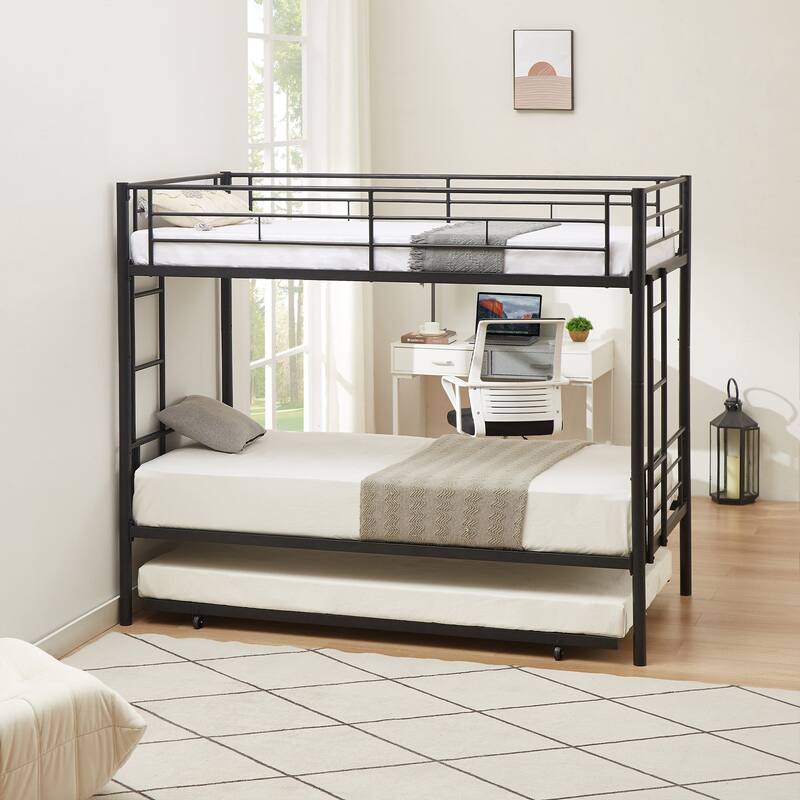 Twin Over Twin Bunk Bed with Trundle, Detachable Twin Bunk Beds w/ 2 Side Ladders & Full-Length Guardrails
