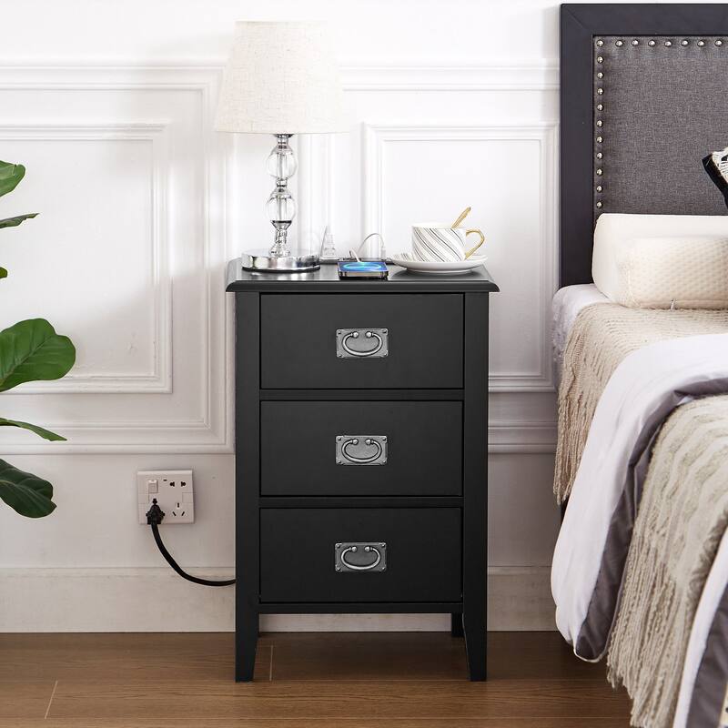 Javlergo Set of 2 Wooden Nightstand with Charging Station, Side End Table with USB Drawer and Open Storage Shelf