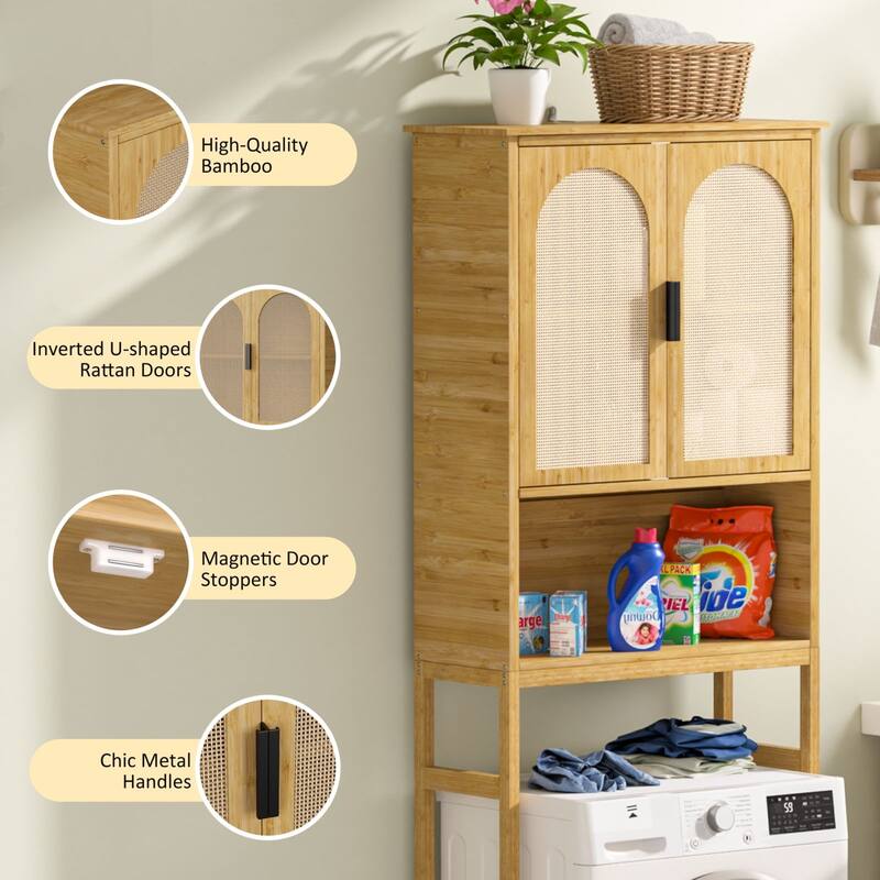 VEIKOUS Bamboo Over the Toilet Storage Cabinet with Rattan Doors
