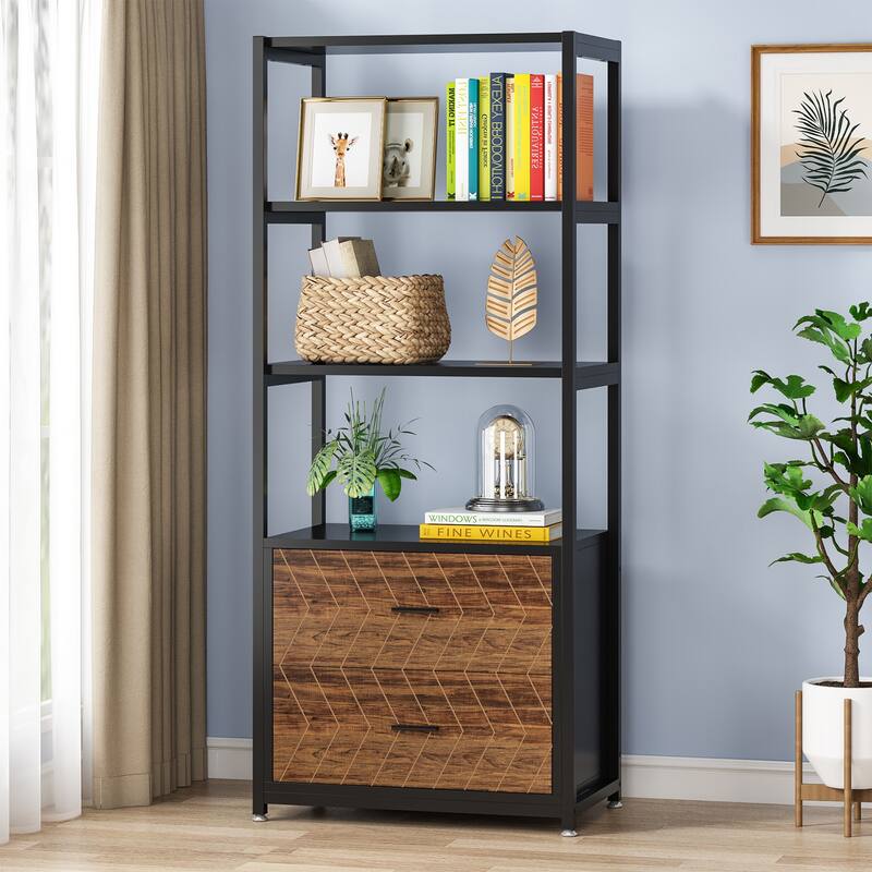4-Tier White Bookshelf with 2 Drawers, Etagere Standard Book Shelves Display Shelf for Home Office - 60”H x 23.6”L x 15.7”W
