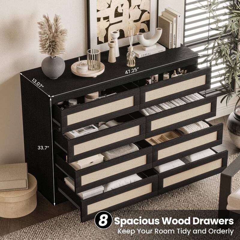 6/8 Drawer Rattan Dresser for Bedroom, Double Wood Chest of Drawers for Closet, Nightstand, TV Stand