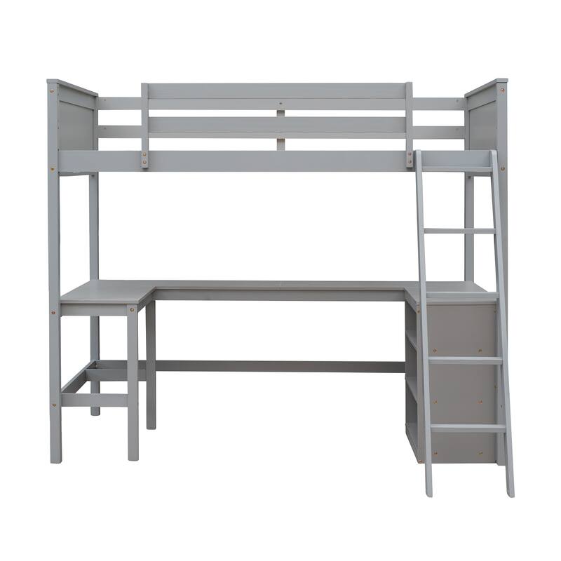 Wood Twin Loft Bed with Desk and Shelves
