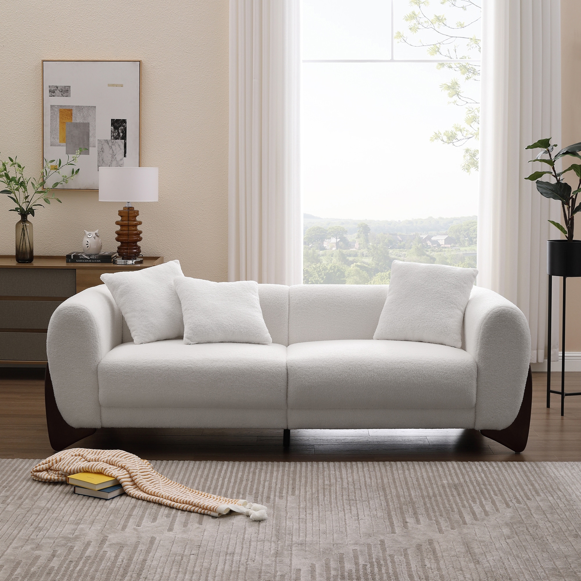 Modern Clolud Sofa Couch White Boucle Sherpa Sofa and Rubberwood Frame