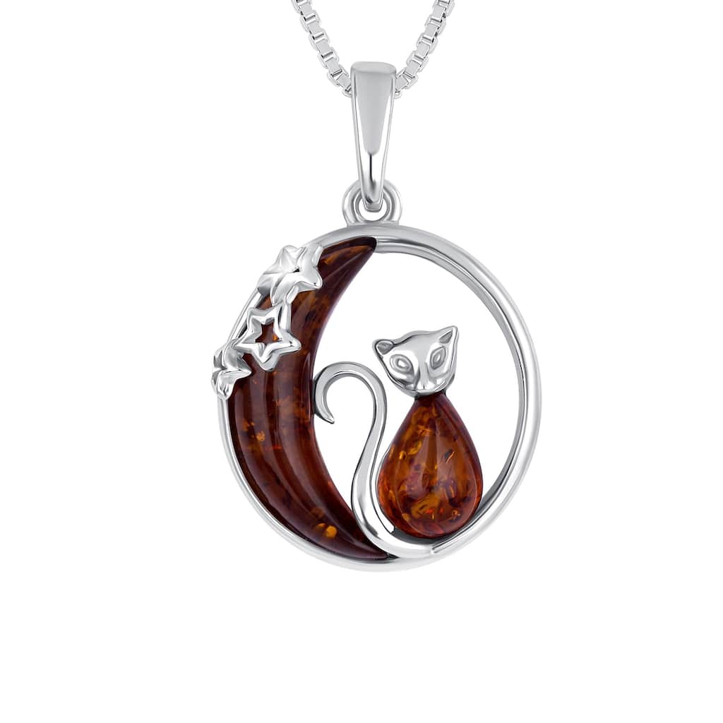 Baltic Amber Cat and Moon Pendant Necklace in Sterling Silver