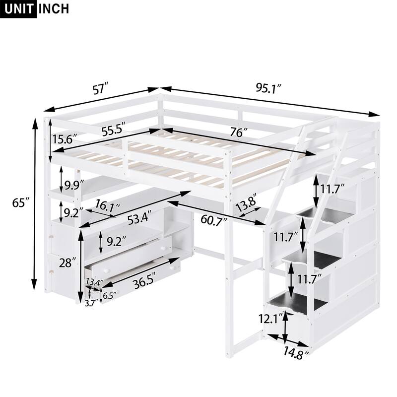 Full Size Loft Bed with Desk 2 Built-in Drawers and Storage Staircase - White