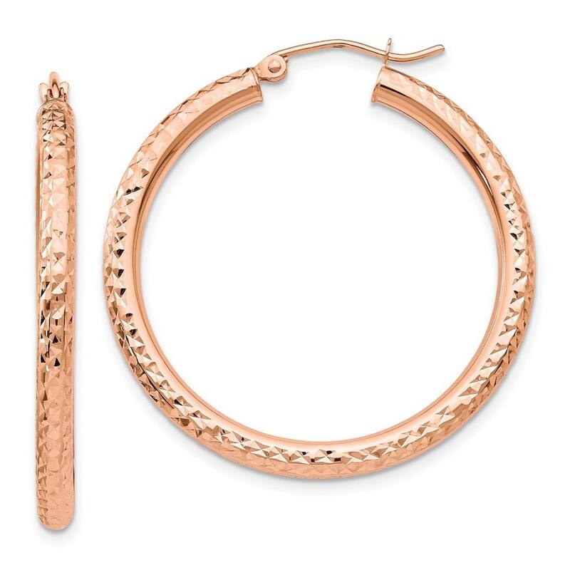 Curata 10k Rose Gold Sparkle Cut Round Hoop Earrings - 35mm