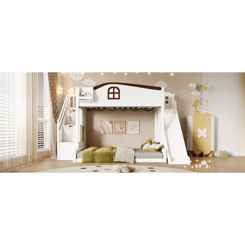 Roomfitters Twin Over Full Bunk Bed with Slide, Wardrobe and Storage Staircase