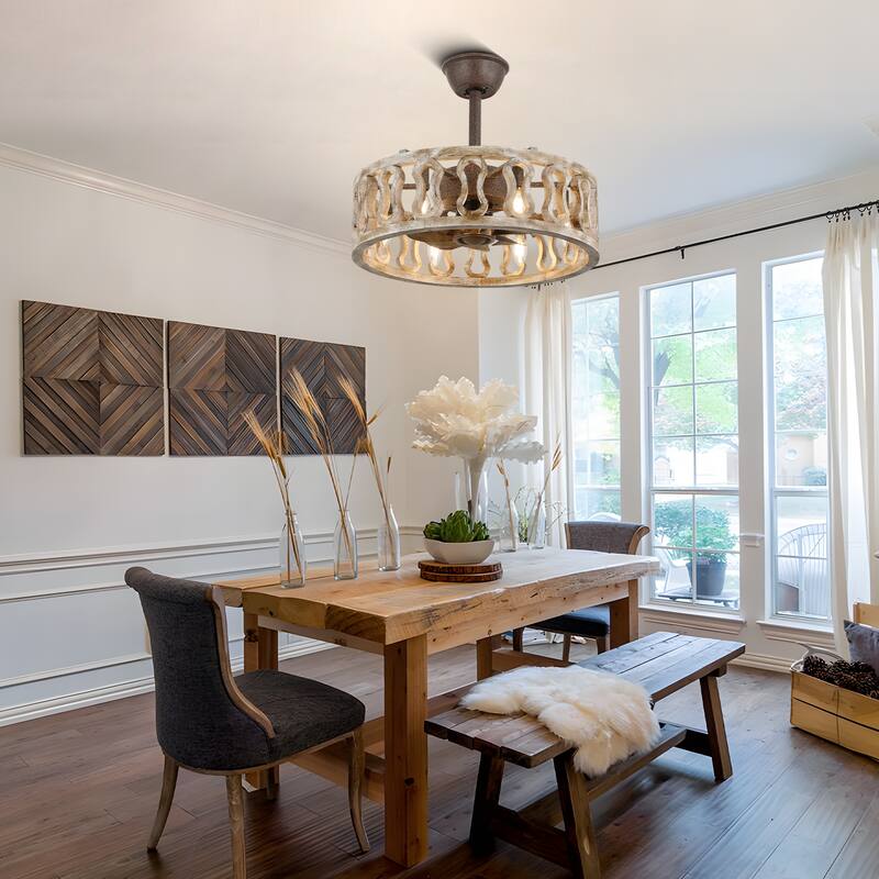 18 Inch Vintage Farmhouse Caged Ceiling Fan with Lights and Remote, 6-Speed Reversible Bladeless Ceiling Fan Fandelier - 18"