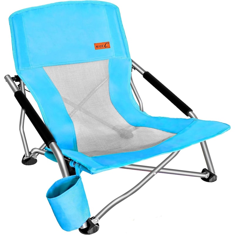 Portable Low Beach Chair with Cup Holder and Carry Bag, Sling Folding Sand Chair for Adults and Kids - Blue - 1Pack