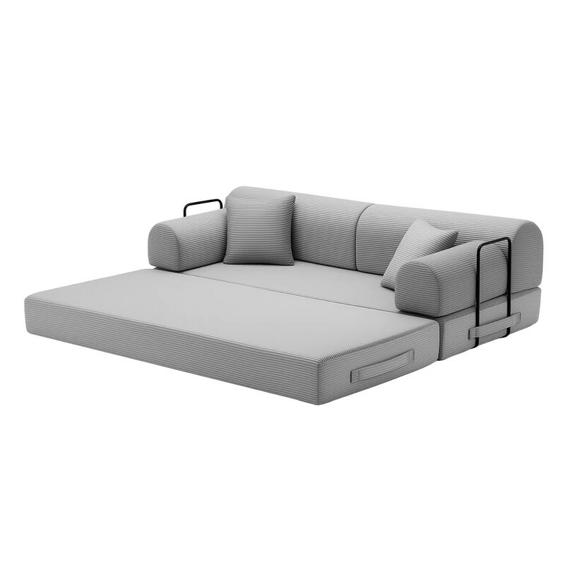 Convertible Sleeper Sofa Bed with Cylindrical Pillow, Corduroy Folding Mattress Couch with Fixed-Shape Frame for Bedroom