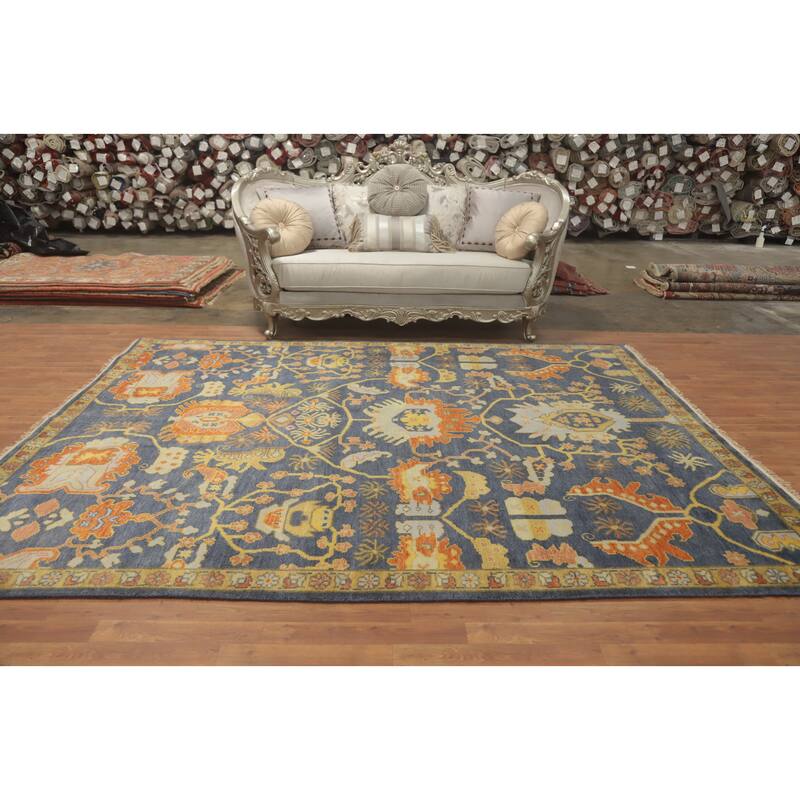 Hand-knotted Transitional Wool Carpet Blue Oushak Rug Floral Oriental Area Rug - 10' 0'' X 7' 11''