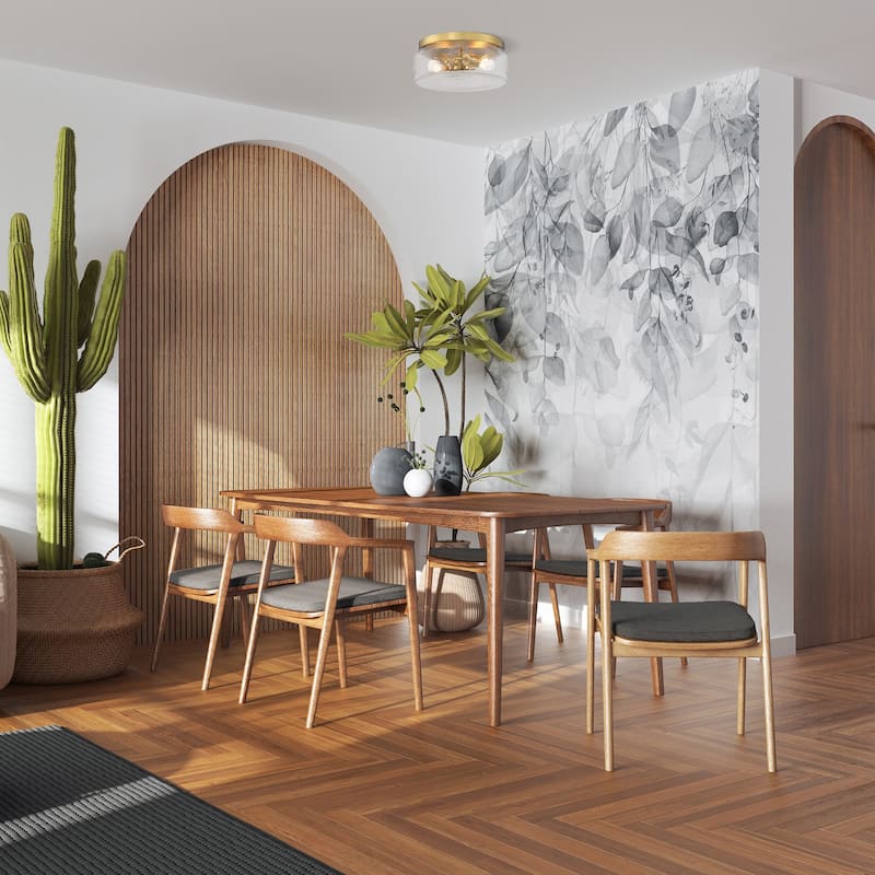 Rose Marie 13 in. 2-Light Brushed Gold Mid-Century Modern Semi Flush Mount with Clear Rippled Glass Shade for Bedrooms