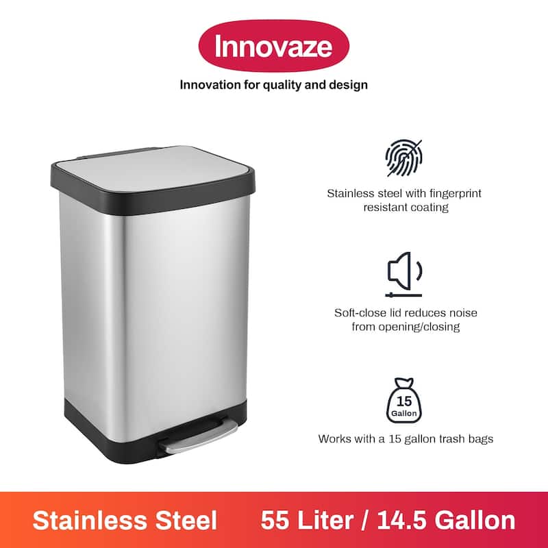 Innovaze 14.5 Gal./55 Liter Rectangle Step-On Stainless Steel Trash Can for Kitchen
