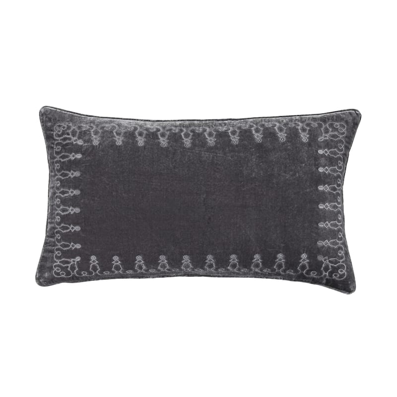 HiEnd Accents Stella Faux Silk Velvet Romantic Western Embroidered Decorative Throw Lumbar Pillow, 14"x24" - Slate