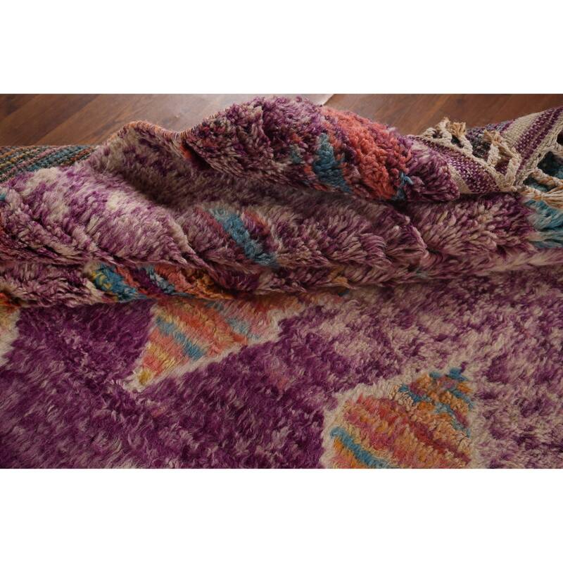 Geometric Purple Moroccan Abstract Area Rug Hand-Knotted Wool Carpet - 5'8"x 10'3"