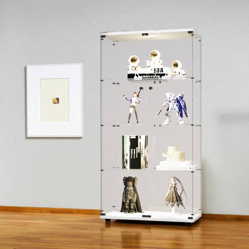 Lighted Two-Door Glass Display Cabinet with 4 Shelves, Tempered Glass and Security Lock