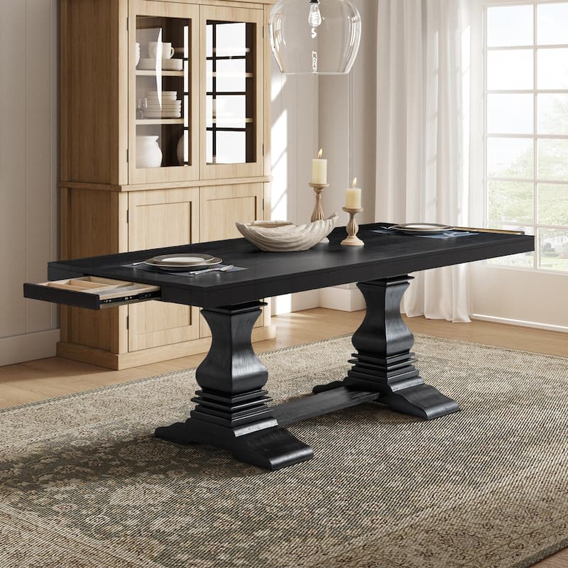 Pawel 86" Farmhouse Double Pedestal Dining Table with Two Built-in Divided Drawers by HULALA HOME