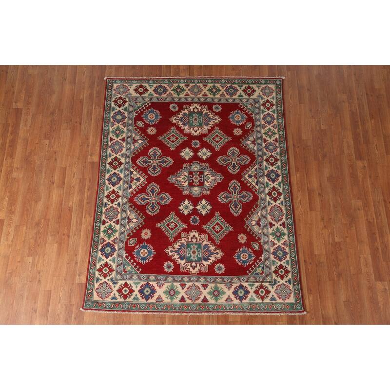 Geometric Red Kazak Area Rug Handmade Wool Carpet - 5'2" x 6'9"