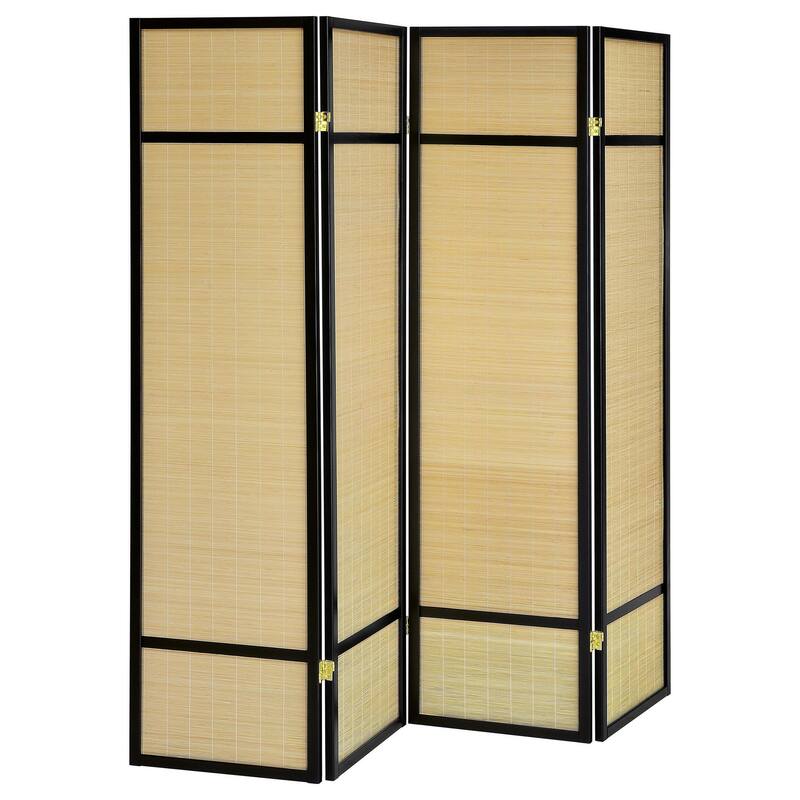 Arce 4 Panel Foldable Privacy Screen, Bamboo, Black Pine Wood Frame