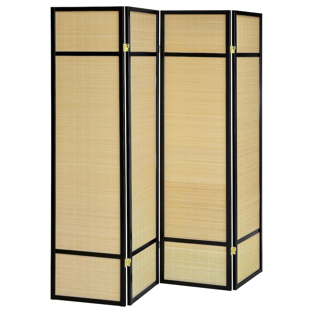 Arce 4 Panel Foldable Privacy Screen, Bamboo, Black Pine Wood Frame