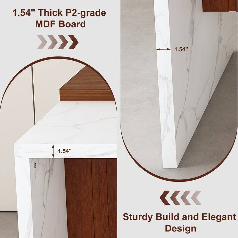 63" Kitchen Island with Marble Look Surface, LED Lights & Grille Design