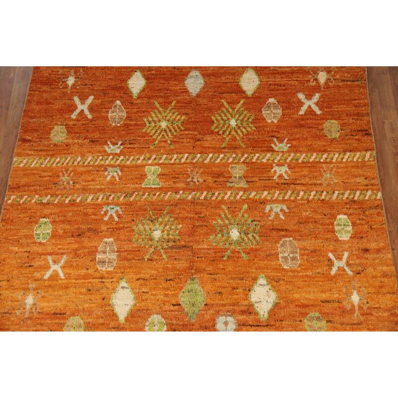 Geometric Orange Moroccan Oriental Area Rug Hand-Knotted Wool Carpet - 6'8" x 9'8"