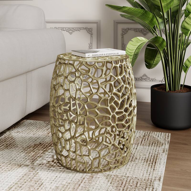 Roomfitters Aluminum Drum End Table with Intricate Openwork Accent Table for Living Room - Gold