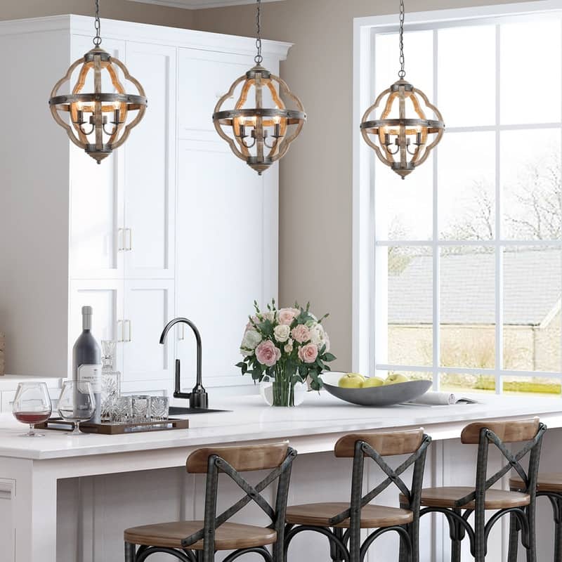 Modern Farmhouse 3-light Antiqued Wood Island Pendant Light Orb Chandelier - W 15"x H 19"
