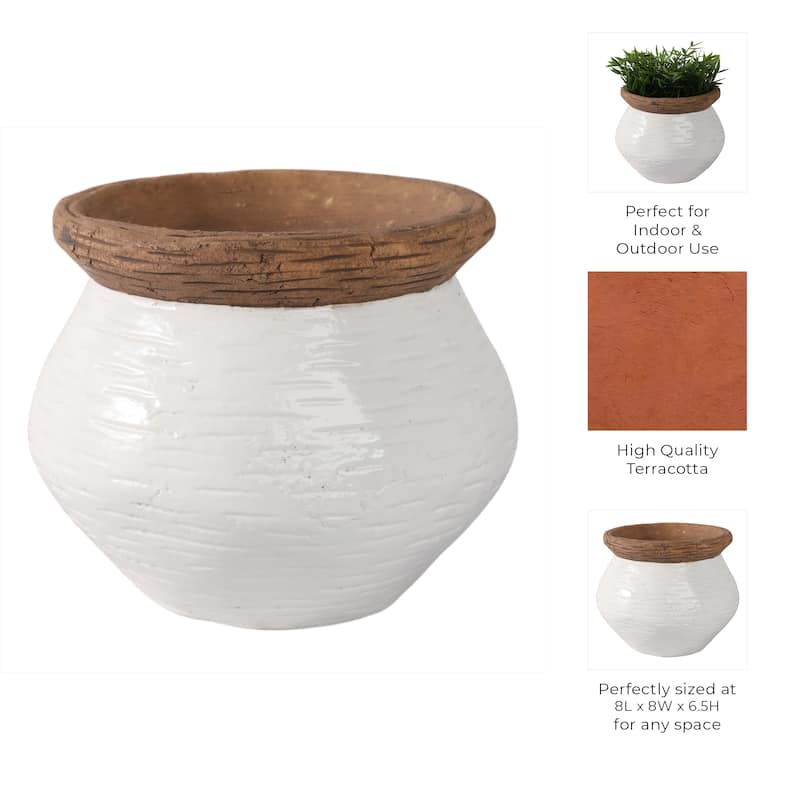 Pottery Planter Textured Design Indoor Outdoor Use - 7" White, Tan - 8" x 8" x 6.5"