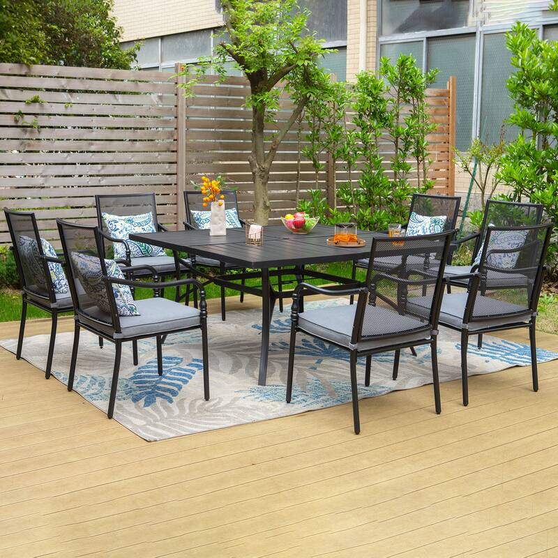 MAISON ARTS 9-Piece Patio Dining Set with Square/Rectangular Metal Table and 8 Gourd Head Shape Armrest Dining Chairs