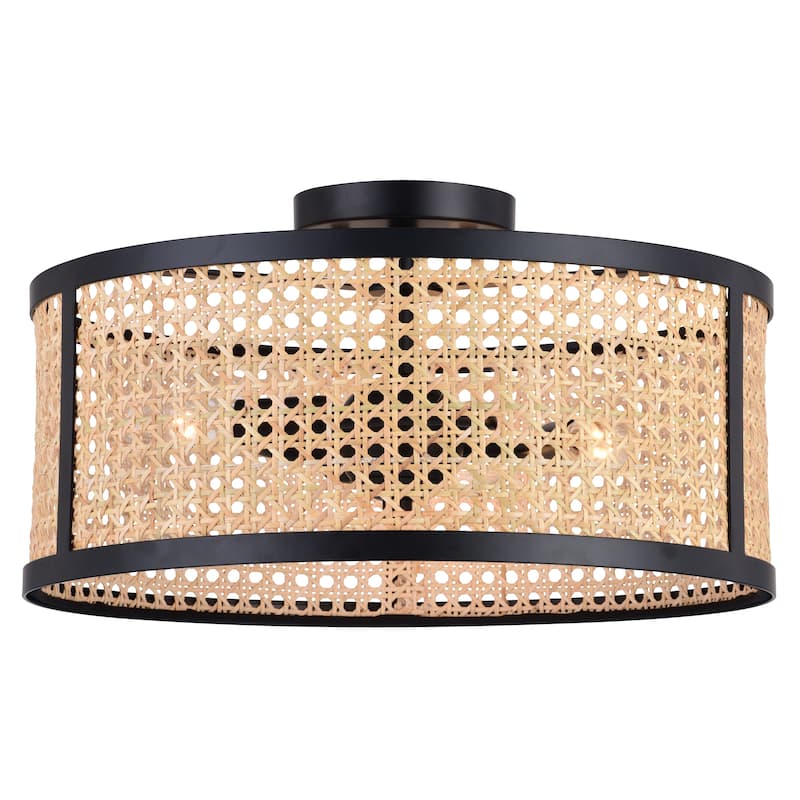Berens 15.5-in W Matte Black Modern Farmhouse Drum Semi Flush Mount Ceiling Light with Rattan Cane Shade