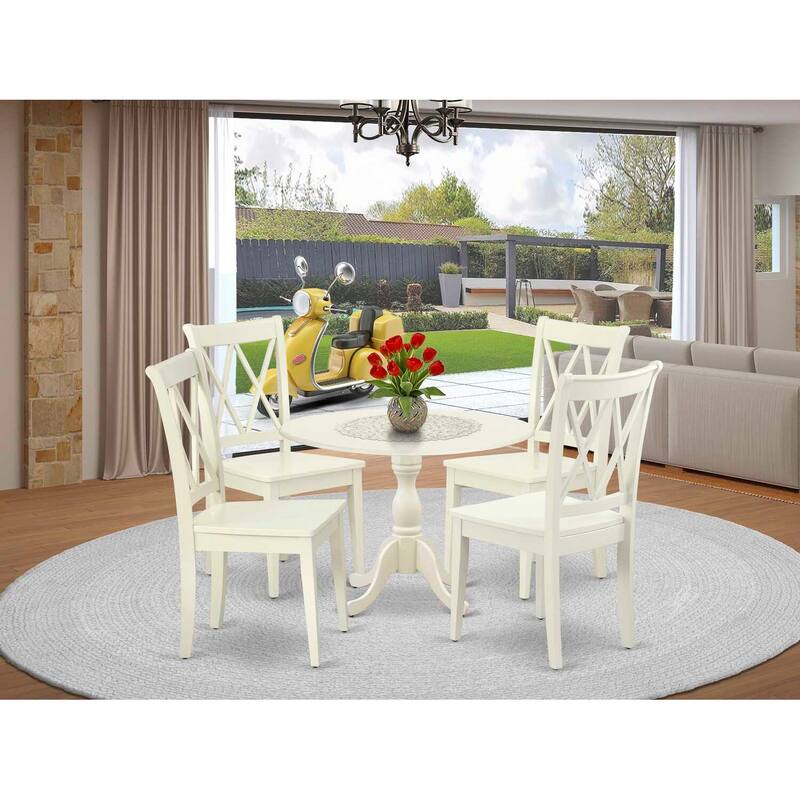 HomeStock 5-Piece Linen White Finish Solid Wood Top Dining table with 4 Chairs with Drop Leaf Lattice Back