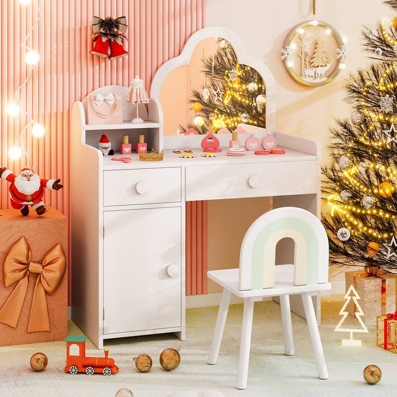 Children's Vanity Table and Stool Set with Mirror and Drawers Cabinet for Bedroom or Playroom - 31.5" x 16" x 38.5" (L x W x H)