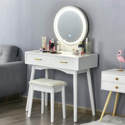 Modern Vanity Set with Touch Screen Mirror and Cushioned Stool