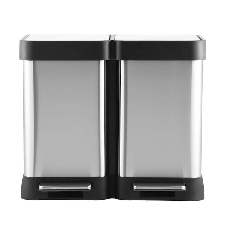 2 x 6.6 Gallon Dual Compartment Recycling Bins, Kitchen Trash Can - Silver