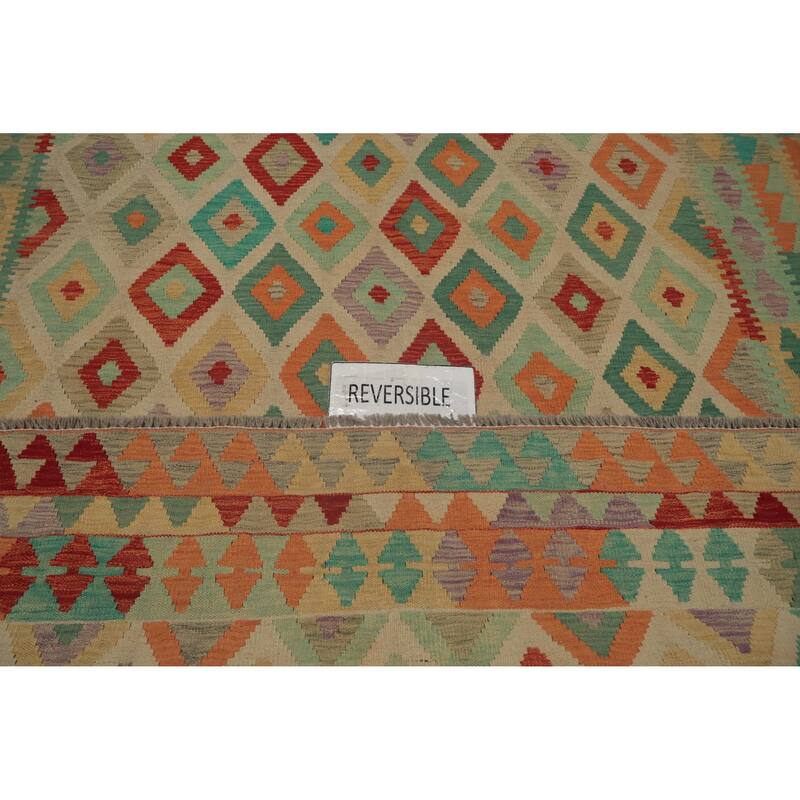 Hand Woven Oriental 100% Wool Carpet Southwestern Tribal Beige & Ivories Kilim Area Rug - 9' 7'' X 6' 9''