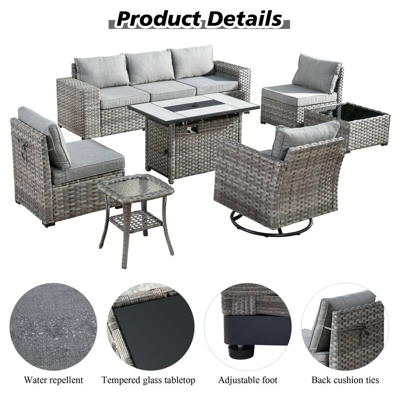 HOOOWOOO 9-piece Wicker Outdoor Modular Wide Armrest Sectional Set Fire Pit Set