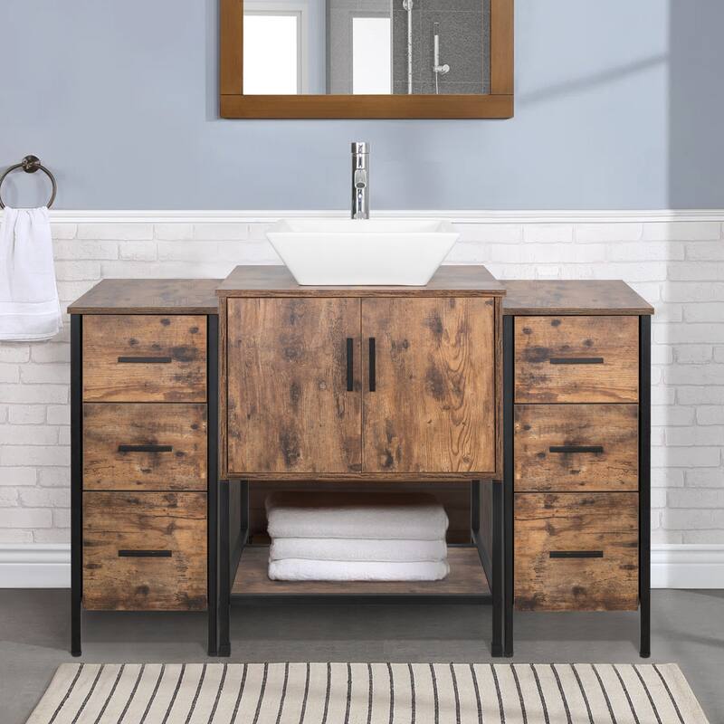 48" Bathroom Vanity Set Organizer Top Vessel Sink W/ Faucet Drain Cabinet Combo - white ceramic square sink