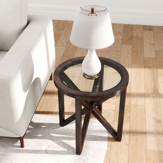 Tempered glass coffee table solid wood base round transparent glass top ...