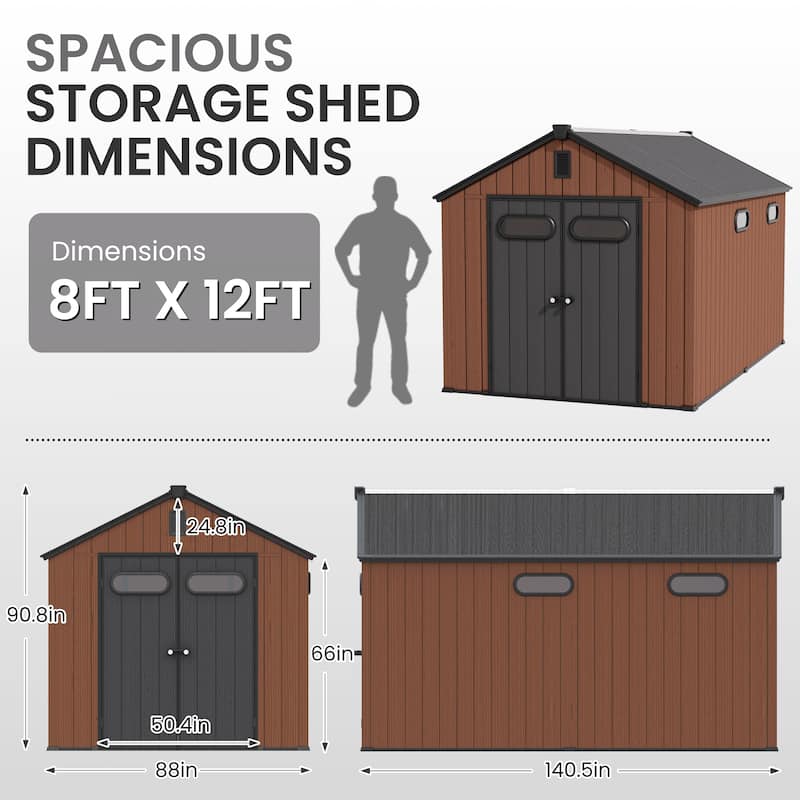 8' x 8' / 8' x 10'/ 8' x 12' Outdoor Resin Storage Shed with Lockable Doors and Air Vents for Garden